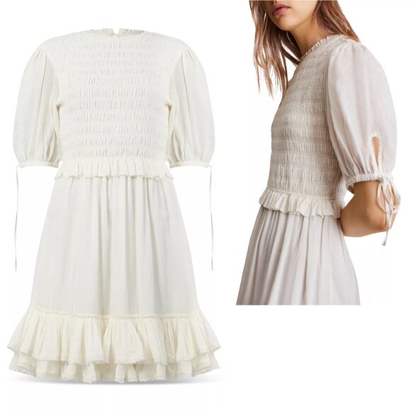 New AllSaints Jaya Smocked Ruffle Ivory Viscose Mini Dress Size 4 - Picture 3 of 12